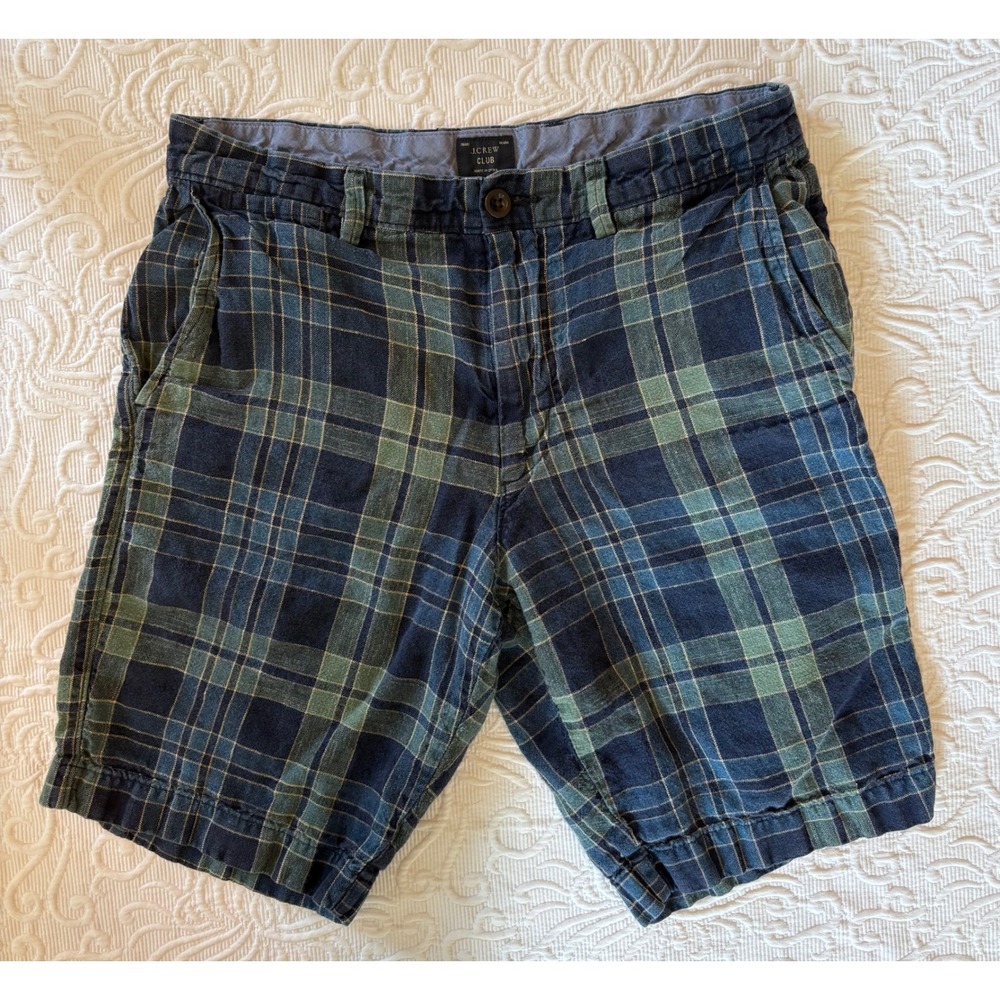 J.Crew Club Blue Green Tartan Plaid Linen Blend Shorts Chinos Y2KPreppy Men 32